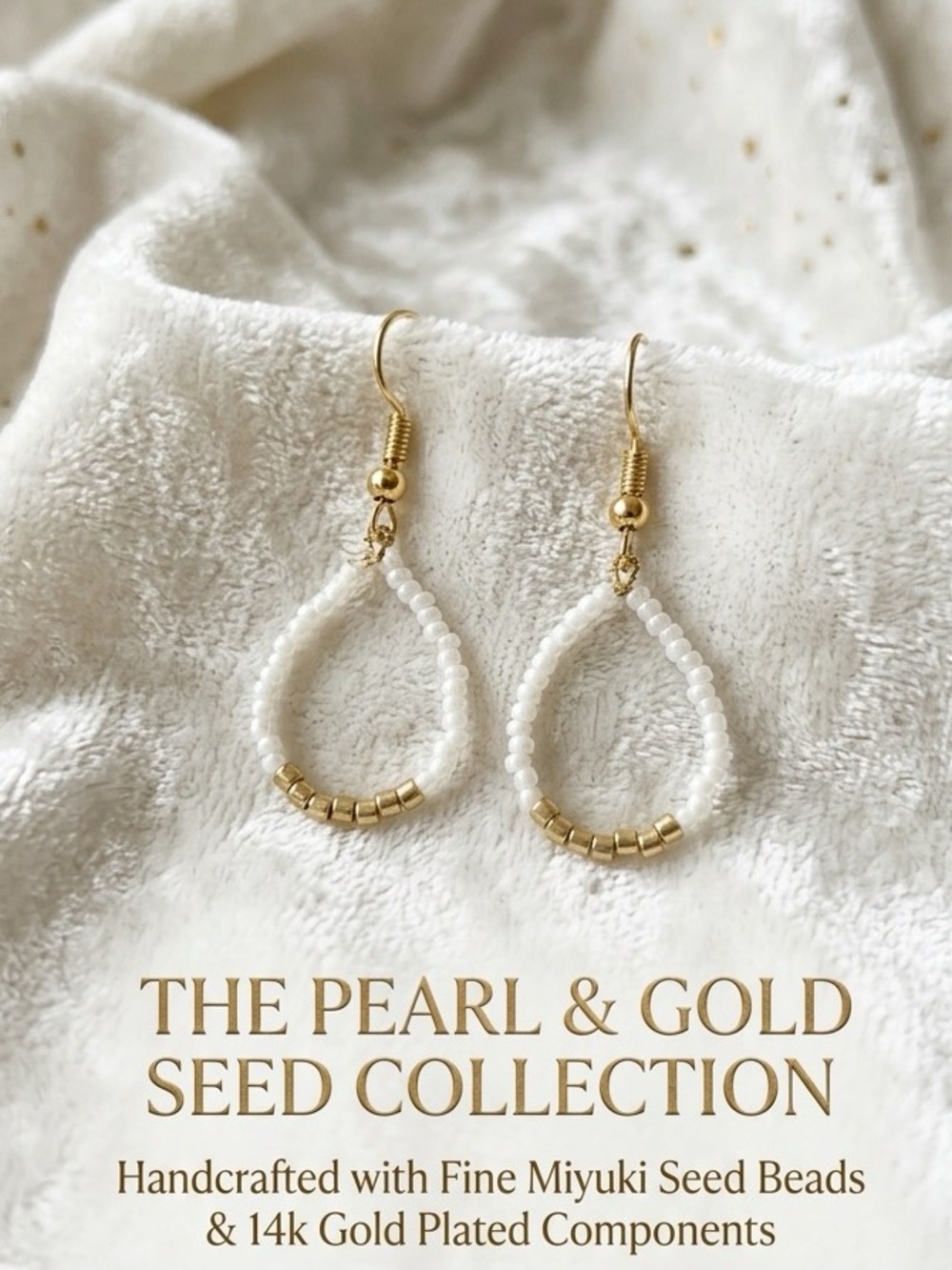 ❤️The Pearl & Gold Seed Collection White and Gold Beaded Teardrop Earrings